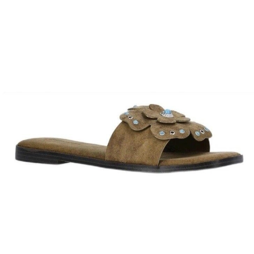 No Boundaries Womens 11 Brown Studded Flower Slide Sandals Boho Memory Foam NWT